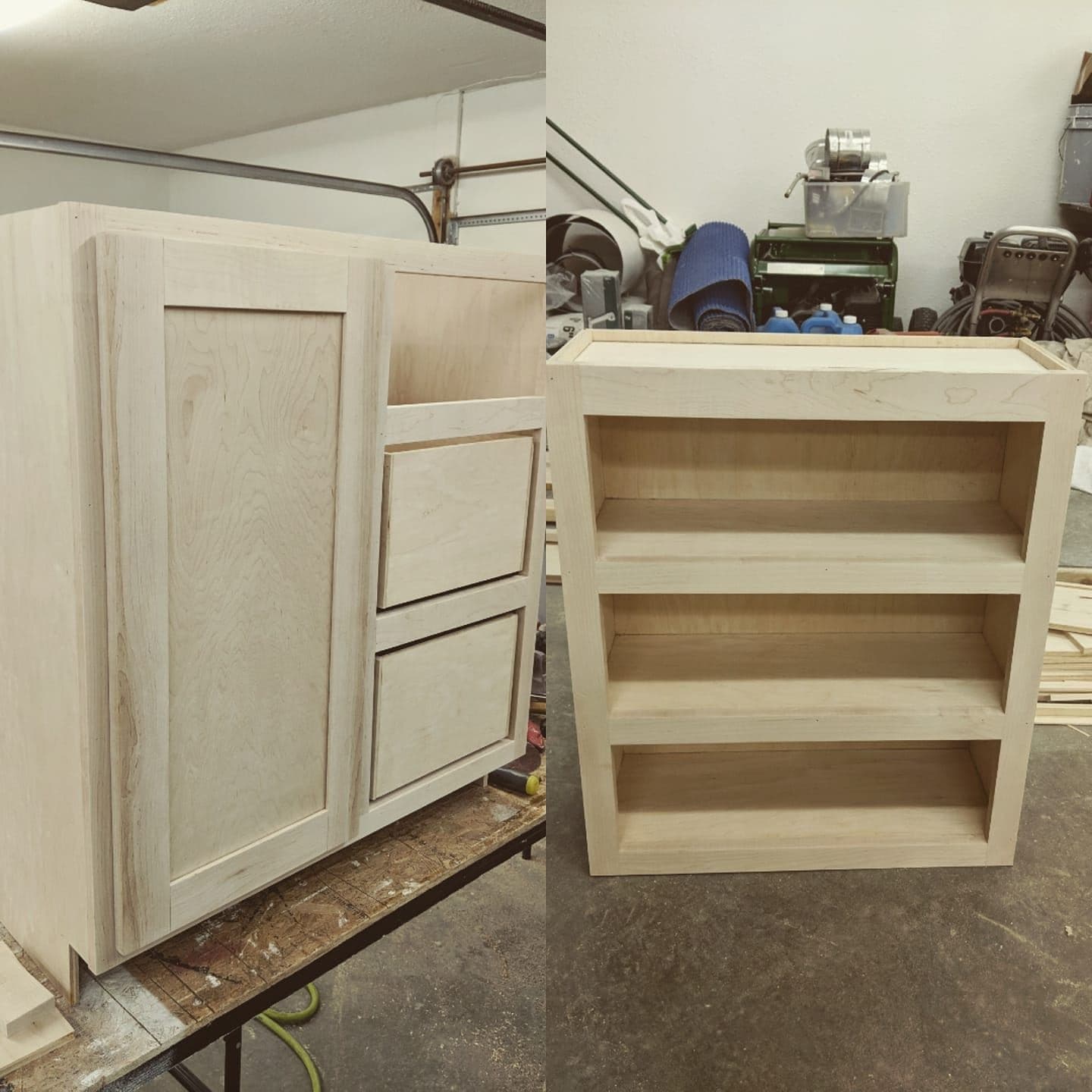 A shop-built cabinet door and an unfinished bookcase carcass standing in the workshop before finishing.