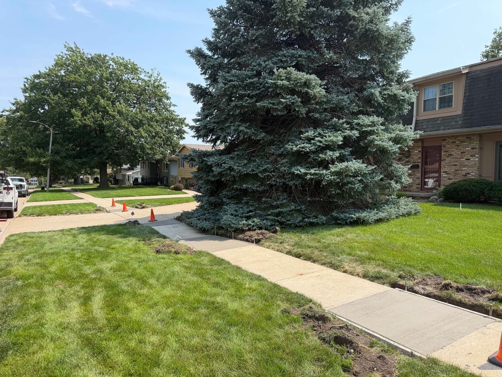 A new concrete front walk running from the door to the street between two lawns.