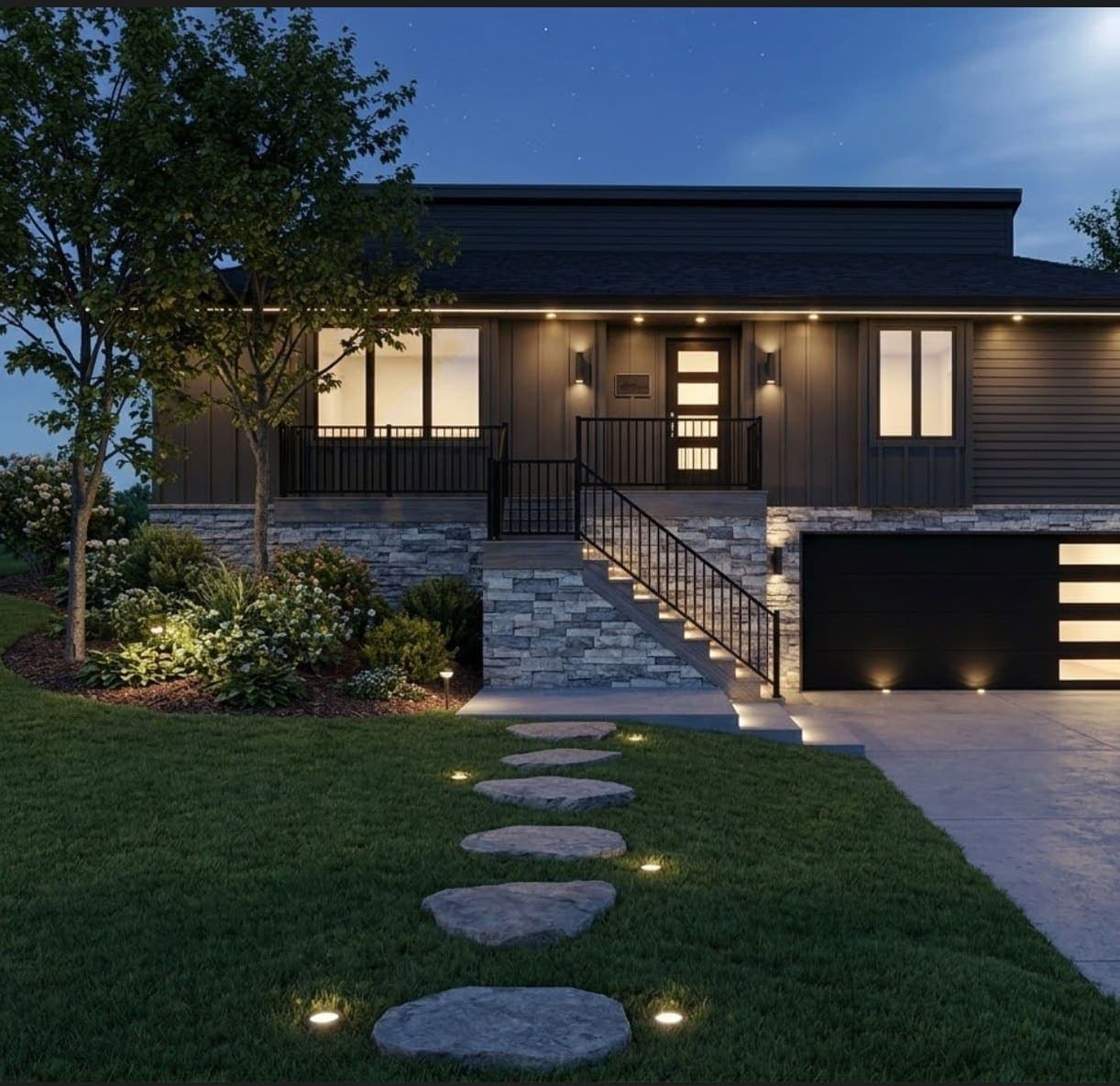 The same entryway concept at dusk with the lanterns lit.