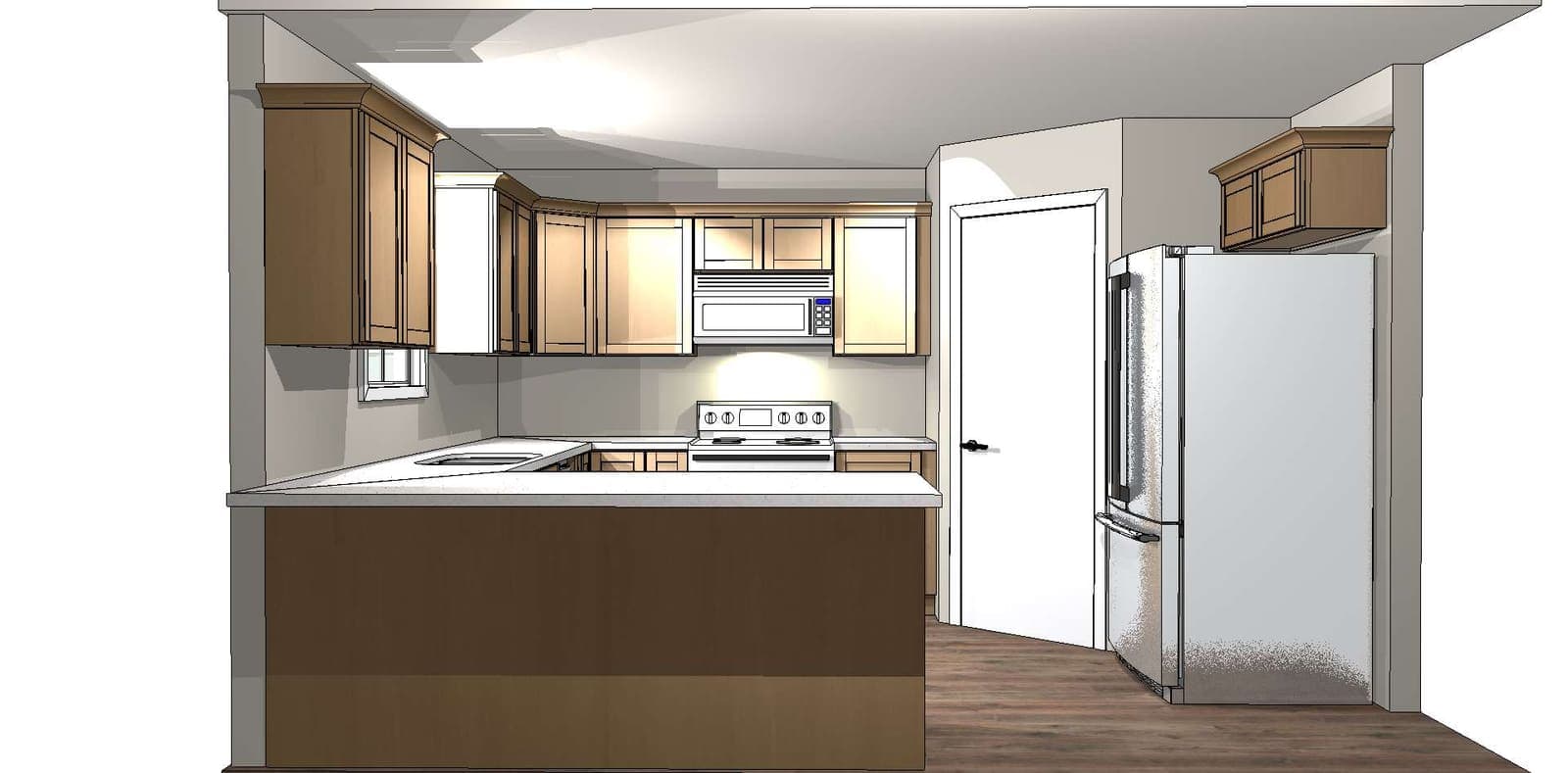A 3-D perspective of a kitchen design with an island and tall pantry run, produced by our designer.