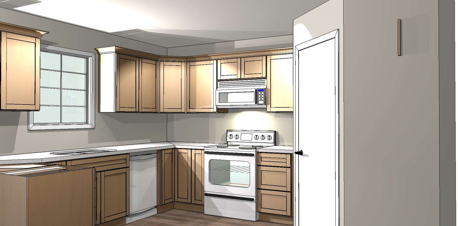 A 3-D perspective of the same kitchen design from the dining side, pendants over the island.