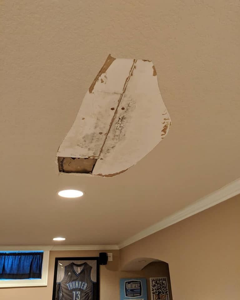A ceiling drywall patch cut in and set flush, ready for taping and texture over a finished room.